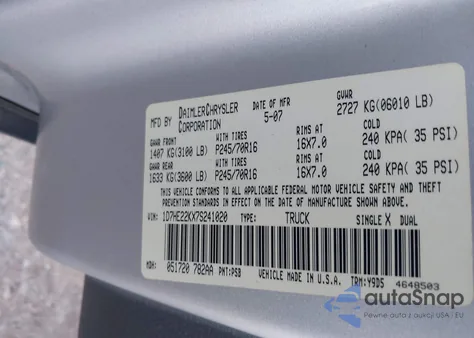 2007 Dodge Dakota St z USA, uszkodzony, nr VIN 1D7HE22KX7S241020